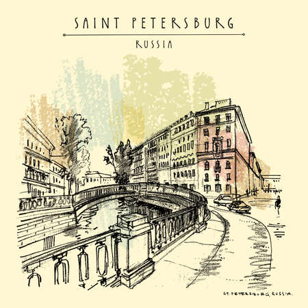 Saint Petersburg, Russia postcard. Sennoy bridge. Historical buildings in city center. Dostoyevsky heritage place. Travel sketch. Hand drawn vintage touristic poster, book illustrationのイラスト素材