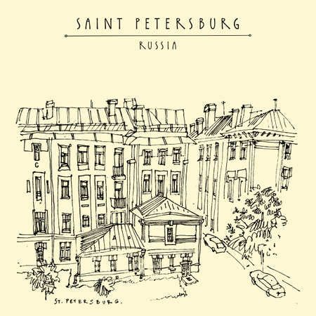 Saint Petersburg, Russia. Historical buildings in city center. Architecture drawing. Travel sketch, vintage hand drawn postcardのイラスト素材
