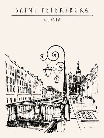 Saint Petersburg, Russia postcard. The Church of the Savior on Spilled Blood (Cathedral of the Resurrection). Historical buildings travel sketch. Hand drawn illustrationのイラスト素材