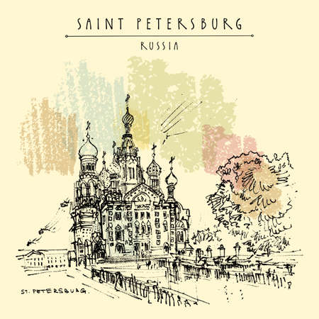 Saint Petersburg, Russia postcard. The Church of the Savior on Spilled Blood (Cathedral of the Resurrection). Historical building. Travel sketch. Hand drawn illustrationのイラスト素材