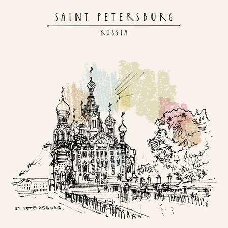 Saint Petersburg, Russia postcard. The Church of the Savior on Spilled Blood (Cathedral of the Resurrection). Historical building. Travel sketch. Hand drawn illustrationのイラスト素材