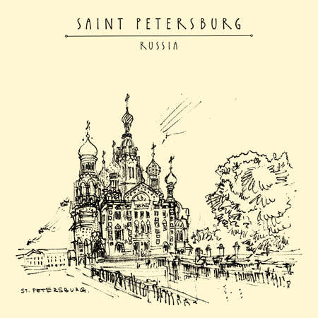 Saint Petersburg, Russia postcard. The Church of the Savior on Spilled Blood (Cathedral of the Resurrection). Historical building. Travel sketch. Hand drawn illustrationのイラスト素材