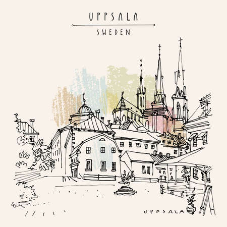 Artistic Uppsala, Sweden postcard. Old town travel sketch. Uppsala Cathedral in the French Gothic style, antique buildings, cafe. Vintage touristic postcard, poster or book illustrationのイラスト素材