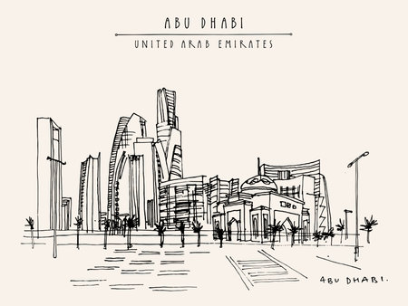 Artistic Abu Dhabi, United Arab Emirates postcard. Downtown skyscrapers panorama. Hand drawing. Travel sketch. Vintage horizontal format touristic greeting card, poster, brochure illustrationのイラスト素材