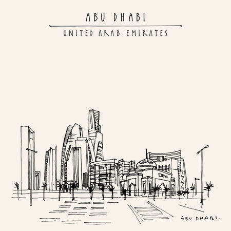 Artistic Abu Dhabi, United Arab Emirates skyline postcard. Downtown skyscrapers panorama. Hand drawing. Travel sketch. Vintage touristic square format greeting card, poster, brochure illustrationのイラスト素材