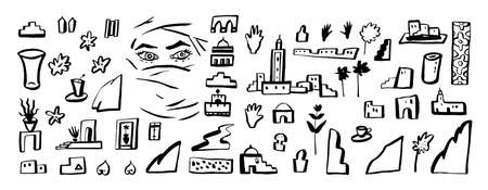 Boho abstract set of Morocco-inspired hand drawn design elements. Abstract organic aesthetic constructor. Make your own ethnic Moroccan wall art landscape illustration. Medina architecture setのイラスト素材
