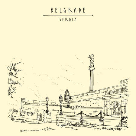 Belgrade, Serbia. Kalemegdan Fortress and Viktor Monument in Belgrade, Serbia. Hand drawing in retro style. Travel sketch. Vintage touristic postcard, poster, calendar or book illustrationのイラスト素材