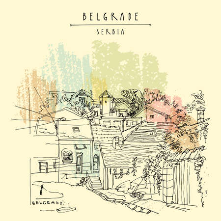 Vector Belgrade, Serbia hand drawn postcard. Nice cozy old houses in Zemun. Hand drawing. Serbian travel sketch. Vintage touristic postcard, poster, calendar or book illustrationのイラスト素材