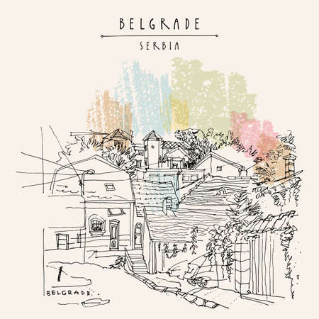 Vector Belgrade, Serbia hand drawn postcard. Nice cozy old houses in Zemun. Hand drawing. Serbian travel sketch. Vintage touristic postcard, poster, calendar or book illustrationのイラスト素材