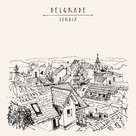 Vector Belgrade, Serbia hand drawn postcard. City view from Zemun. Panorama with Danube river. Hand drawing of Belgrade roofs. Serbian travel sketch. Vintage touristic postcard, poster illustrationのイラスト素材