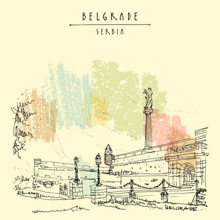 Belgrade, Serbia. Kalemegdan Fortress and Viktor Monument in Belgrade, Serbia. Hand drawing in retro style. Travel sketch. Vintage touristic postcard, poster, calendar or book illustrationのイラスト素材