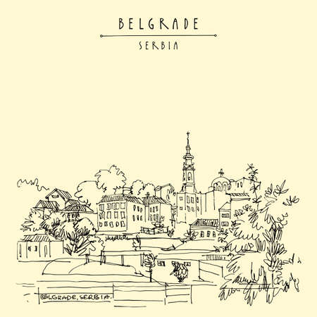 Vectpr Belgrade, Serbia hand drawn postcard. Belgrade skyline view from river Sava. Hand drawing. Serbian travel sketch. Vintage touristic postcard, poster, calendar or book illustrationのイラスト素材