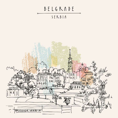 Vectpr Belgrade, Serbia hand drawn postcard. Belgrade skyline view from river Sava. Hand drawing. Serbian travel sketch. Vintage touristic postcard, poster, calendar or book illustrationのイラスト素材