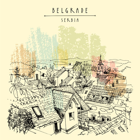 Vector Belgrade, Serbia hand drawn postcard. City view from Zemun. Panorama with Danube river. Hand drawing of Belgrade roofs. Serbian travel sketch. Vintage touristic postcard, poster illustrationのイラスト素材