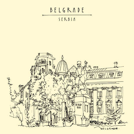 Vector Belgrade, Serbia. Monument to Vojvoda Vuk (Vojin Popovic) at Toplicin Venac. Hand drawing in retro style. Travel sketch. Vintage touristic postcard, poster, calendar or book illustrationのイラスト素材