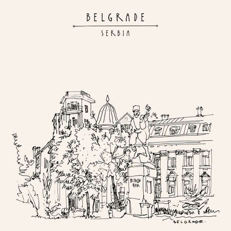 Vector Belgrade, Serbia. Monument to Vojvoda Vuk (Vojin Popovic) at Toplicin Venac. Hand drawing in retro style. Travel sketch. Vintage touristic postcard, poster, calendar or book illustrationのイラスト素材