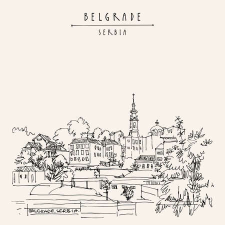 Vectpr Belgrade, Serbia hand drawn postcard. Belgrade skyline view from river Sava. Hand drawing. Serbian travel sketch. Vintage touristic postcard, poster, calendar or book illustrationのイラスト素材