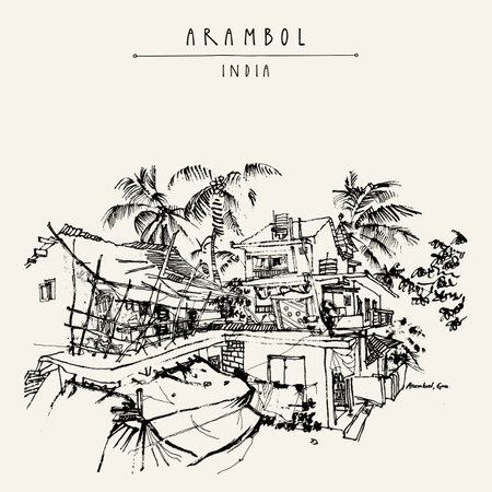 Arambol, Goa, India postcard. Tropical village landscape. Artistic drawing. Travel sketch. Vintage hand drawn postcard, poster, brochure illustrationのイラスト素材