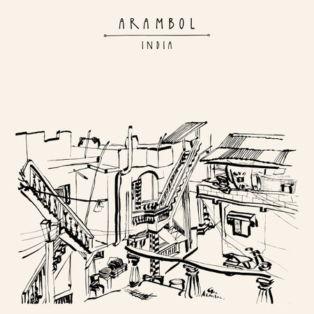 Arambol, Goa, India postcard. Guest houses resort landscape. Artistic drawing. Indian travel sketch. Vintage hand drawn postcard, poster, brochure illustrationのイラスト素材