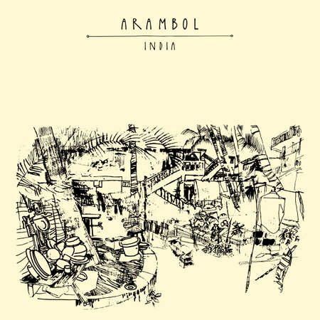 Arambol, Goa, India postcard. Tropical rural Indian landscape. Artistic drawing. Travel sketch. Vintage hand drawn postcard, poster, brochure illustrationのイラスト素材
