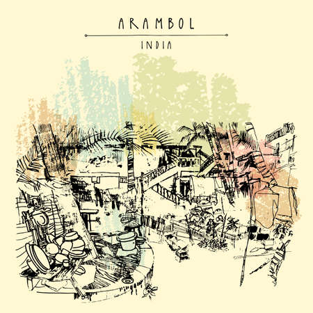 Arambol, Goa, India postcard. Tropical rural Indian landscape. Artistic drawing. Travel sketch. Vintage hand drawn postcard, poster, brochure illustrationのイラスト素材