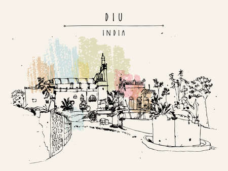 A beautiful Portuguese church in Diu, India. Hand drawn cityscape sketch. Travel art. Vintage artistic postcard or poster templateのイラスト素材
