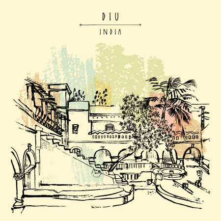 Diu, India illustration. Hand drawn cityscape sketch. A beautiful yard with stairs in Diu town. Travel artistic sketch drawing. Vintage touristic postcard, posterのイラスト素材