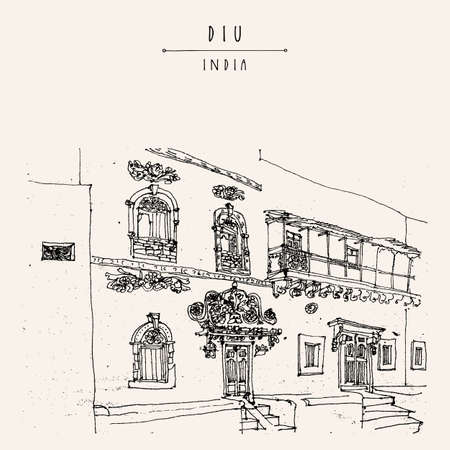 Diu, India illustration. Amazing old traditional beautiful ornamented Portuguese built house. Artistic freehand drawing. Travel sketch. Touristic poster or postcardのイラスト素材