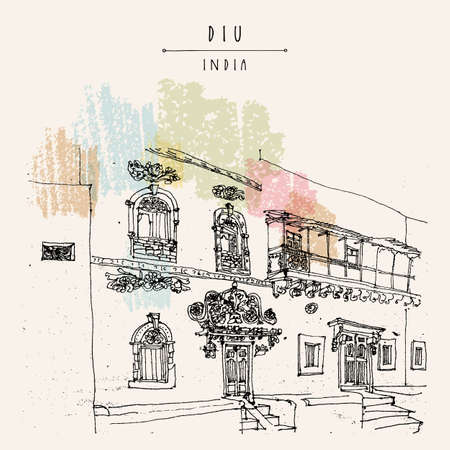 Diu, India illustration. Amazing old traditional beautiful ornamented Portuguese built house. Artistic freehand drawing. Travel sketch. Touristic poster or postcardのイラスト素材