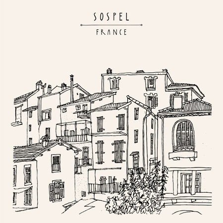 Sospel, France illustration. Hand drawn cityscape sketch. Beautiful old houses, buildings in Mediterranean town of Sospel near Nizza. Travel artistic sketch drawing. Vintage touristic postcardのイラスト素材