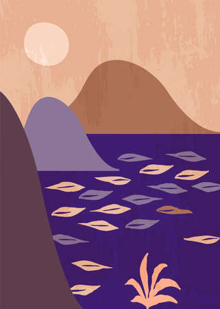 Mid century modern aesthetic boho style home decor. Modern abstract seascape with mountains. Artistic Scandinavian minimal print. Nursery home decoration, wall art. Orange and ultramarine colorsのイラスト素材