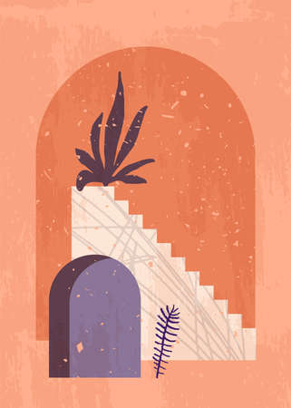 Mid century modern aesthetic boho style home decor. Modern abstract Morocco arch landscape. Artistic Scandinavian minimal prints. Home decoration, wall art. Orange and ultramarine colorsのイラスト素材