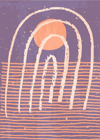 Mid century modern boho style home decor. Modern abstract seascape with Sun and Rainbow. Artistic Scandinavian minimal print. Nursery home decoration, wall art. Orange and ultramarine colorsのイラスト素材