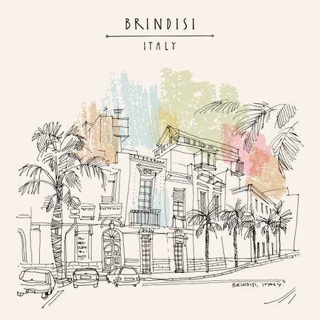 Brindisi, southern Italy, postcard. Old residential buildings, palm trees on a hot summer day. Region of Apulia. Italian hand drawn travel sketch. Vintage artistic poster template, book illustrationのイラスト素材