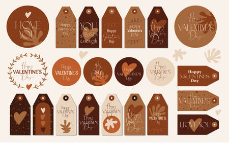 Valentine's Day gift tags, stickers, printables in natural brown earthy colors with hearts. Collection of modern neutral boho aesthetic printable quirky typography designs. fluid organic shapesのイラスト素材