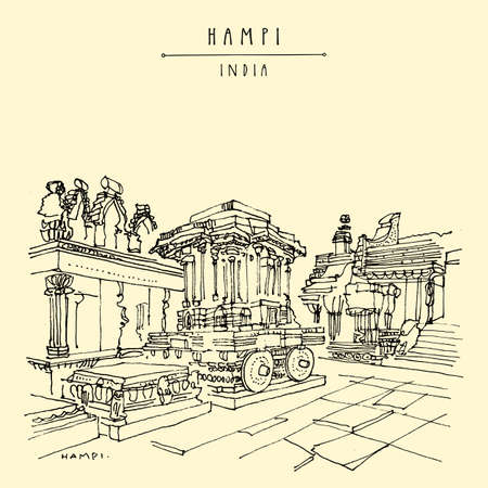 Hampi postcard. Karnataka, India. 14th century capital of the Vijayanagara Empire. Ancent Vittala (Vitthala) temple. heritage travel sketch. Vintage hand drawn travel postcard, poster illustrationのイラスト素材