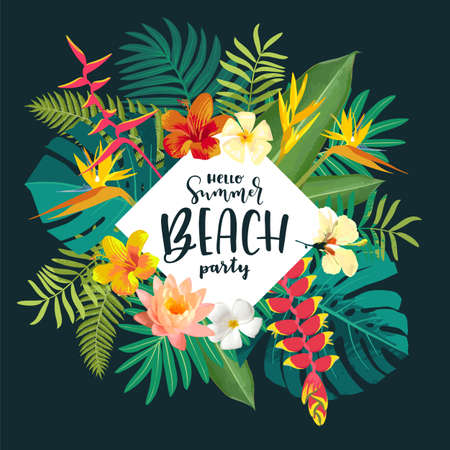 Summer Beach Party calligraphy card. Summertime postcard with exotic tropical leaves, flowers....