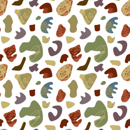 Hand drawn seamless pattern. Abstract organic shape pattern. Free form elements digital paper in earthtone colors. Camuflage fabric surface design artistic endless texture. Muted neutral color schemeのイラスト素材