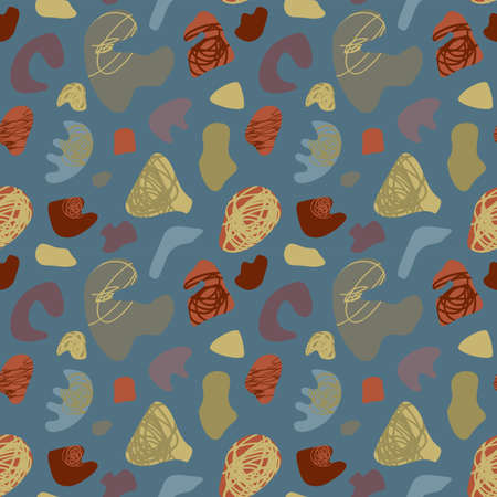 Hand drawn seamless pattern. Abstract organic shape pattern. Free form elements digital paper in earthtone colors. Camuflage fabric surface design artistic endless texture. Muted neutral color schemeのイラスト素材