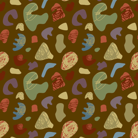 Hand drawn seamless pattern. Abstract organic shape pattern. Free form elements digital paper in earthtone colors. Camuflage fabric surface design artistic endless texture. Muted neutral color schemeのイラスト素材
