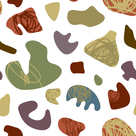 Hand drawn seamless pattern. Abstract organic shape pattern. Free form elements digital paper in earthtone colors. Camuflage fabric surface design artistic endless texture. Muted neutral color schemeのイラスト素材