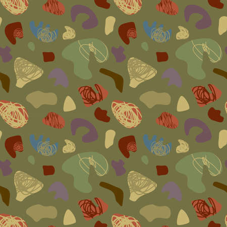 Hand drawn seamless pattern. Abstract organic shape pattern. Free form elements digital paper in earthtone colors. Camuflage fabric surface design artistic endless texture. Muted neutral color schemeのイラスト素材