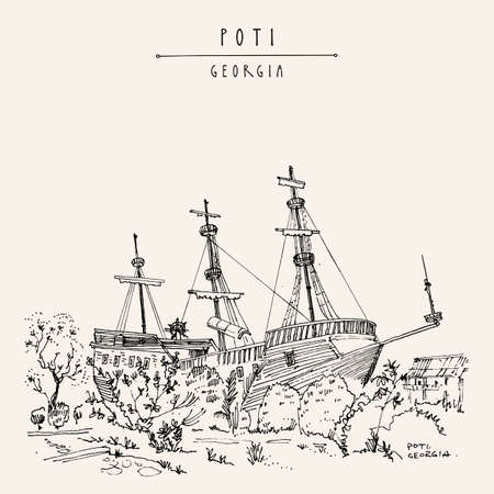Poti, Georgia postcard. Quiet provincial town. Beautiful historical vintage wooden ship. Travel sketch, artistic drawing. Hand drawn maritime vintage touristic postcard, poster, book illustrationのイラスト素材