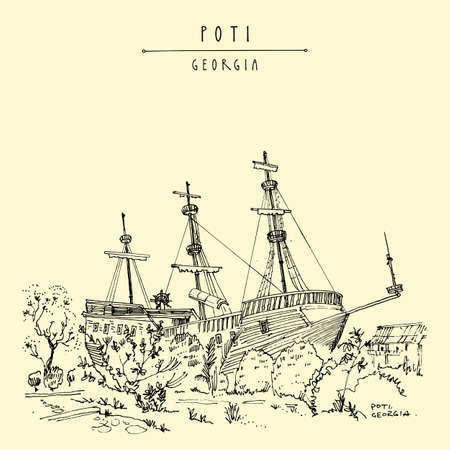 Poti, Georgia postcard. Quiet provincial town. Beautiful historical vintage wooden ship. Travel sketch, artistic drawing. Hand drawn maritime vintage touristic postcard, poster, book illustrationのイラスト素材