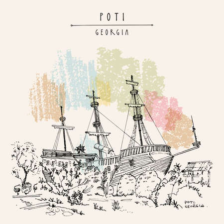Poti, Georgia postcard. Quiet provincial town. Beautiful historical vintage wooden ship. Travel sketch, artistic drawing. Hand drawn maritime vintage touristic postcard, poster, book illustrationのイラスト素材
