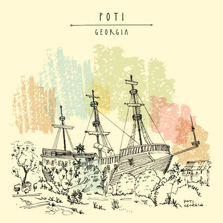 Poti, Georgia postcard. Quiet provincial town. Beautiful historical vintage wooden ship. Travel sketch, artistic drawing. Hand drawn maritime vintage touristic postcard, poster, book illustrationのイラスト素材