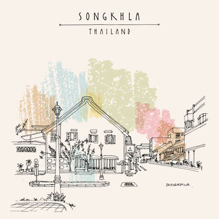 Songkhla, South Thailand postcard. Chinatown. Old town Chinese houses, lamppost street view. Historical buildings in Songkhla province in the South Thailand. travel sketch. hand drawn vintage posterのイラスト素材