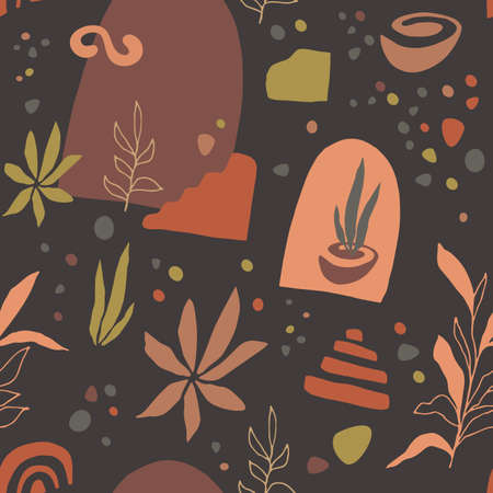 Organic shapes seamless pattern. Pottery, leaves, abstract elements. Mid century modern aesthetic minimal digital paper. Boho style Morocco inspired wrapping paper, backdrop, textile designのイラスト素材