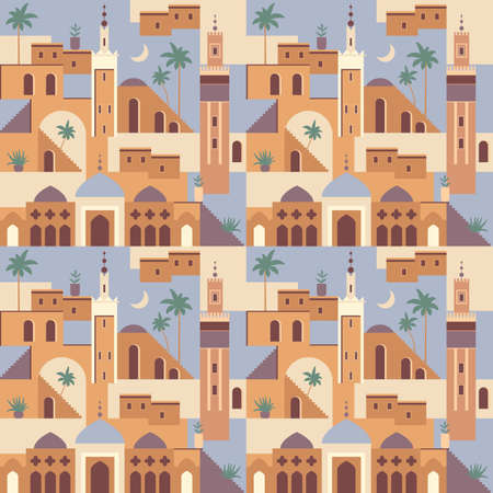 Abstract Middle Eastern town flat illustration. Seamless architecture pattern. Morocco inspired digital paper with mosque, tower, house, plants, palm trees. Ramadhan travel seamless patternのイラスト素材