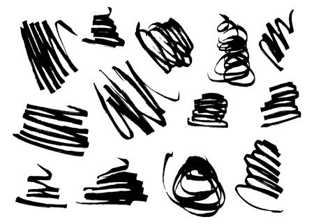 Set of expressive artistic grungy hand drawn lines, smears, waves, brush strokes. Black hand-painted elements for your graphic designのイラスト素材